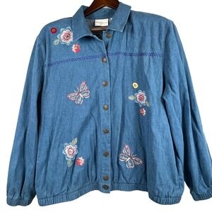 Alfred Dunner Womens 20 Blue Button Jacket Floral Butterfly Embroidered Beaded